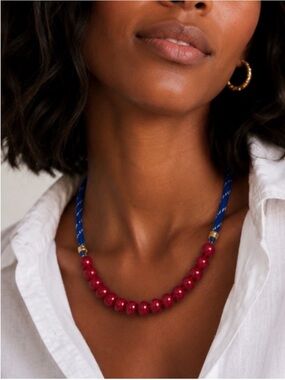 New! Preppy Colorful Blue Cord Red Bead Dopamine Necklace NWOT
